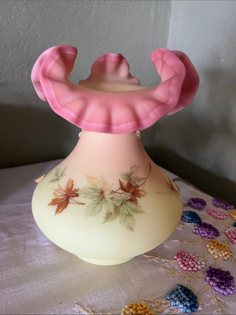 Vintage Fenton Burmese Leaf Decorated Ruffled Edge Vase